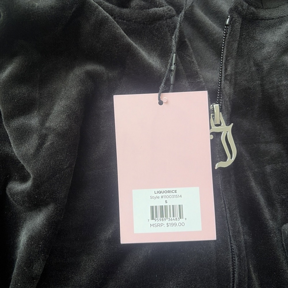 Juicy Couture Black Velour Pullover‎ Hoodie Women's Size Small Logo Hooded NWT - Picture 3 of 7